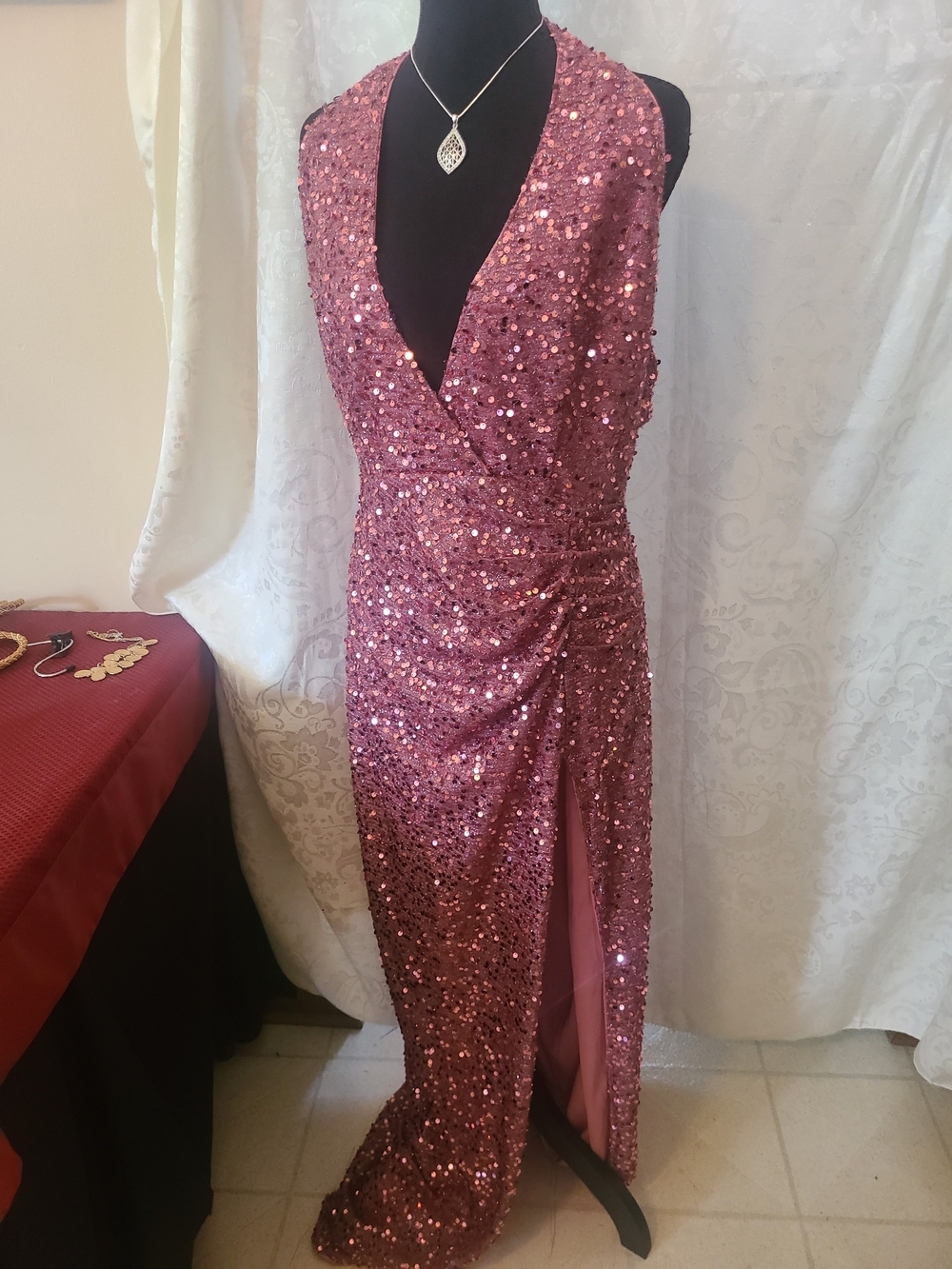 Fashion Nova Rose Pink Sequin Wrap Prom Gown